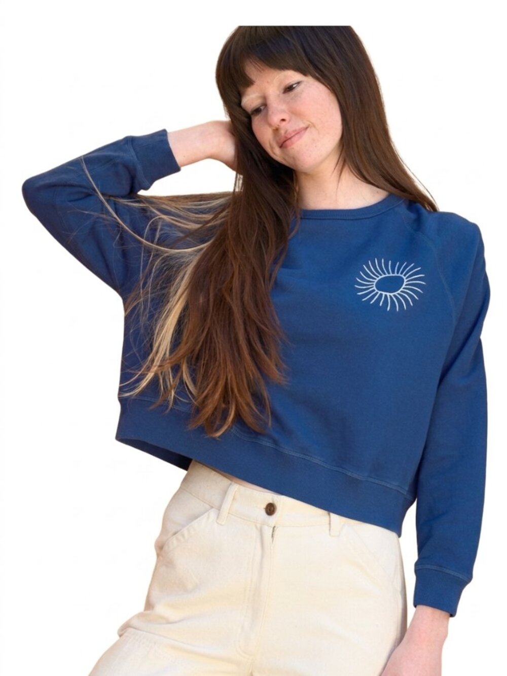 Mollusk Sunny Crew Sweatshirt M Navy Indigo Embroidered Sun Coastal Surf Cotton